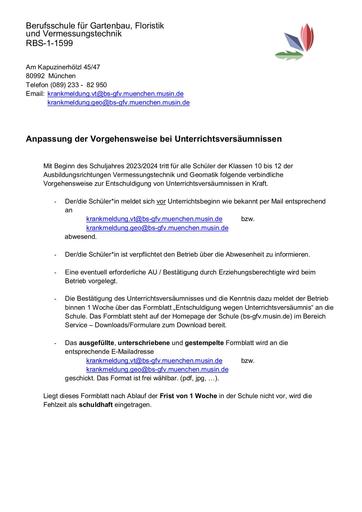 Anschreiben Unterrichtsversäumnis Vermessung Geomatik